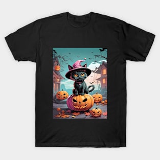 Black halloween cat with spooky pumpkins T-Shirt